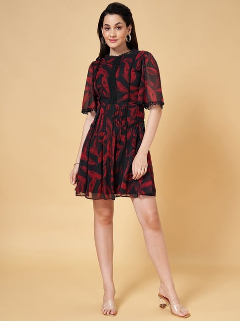 Honey by Pantaloons Red Black Printed A Line Dress