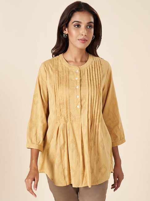 Akkriti by Pantaloons Mustard Cotton Self Pattern Tunic-picture-31