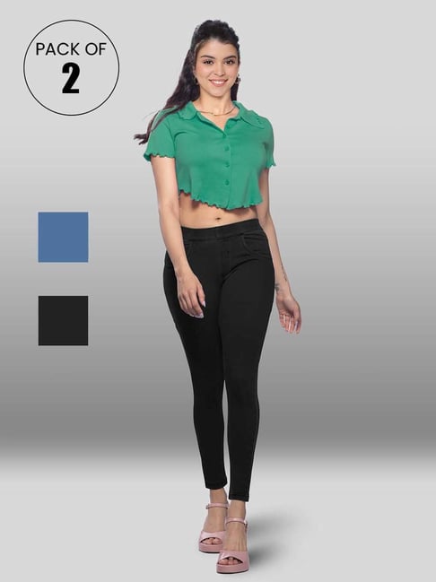 Lyra Blue & Black Cotton Jeggings - Pack Of 2-picture-27