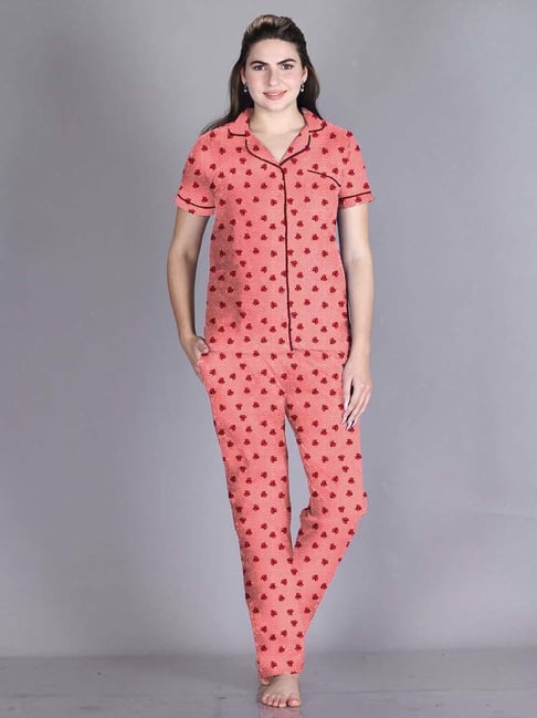 Lyra Peach Cotton Printed Shirt Pyjama Set-picture-20