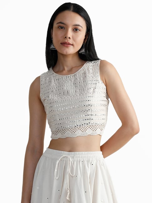 Utsa by Westside Off-White Mirror Embroidered Crop Blouse