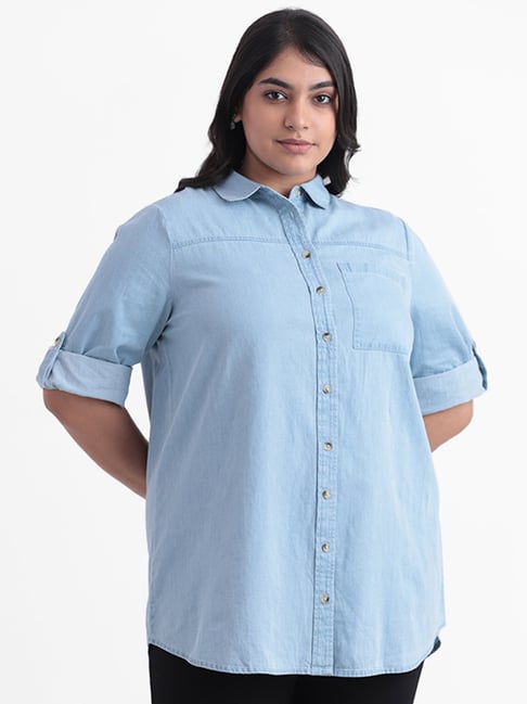 Buy Crimsoune Club Blue Hooded Denim Shirt for Women's Online @ Tata CLiQ
