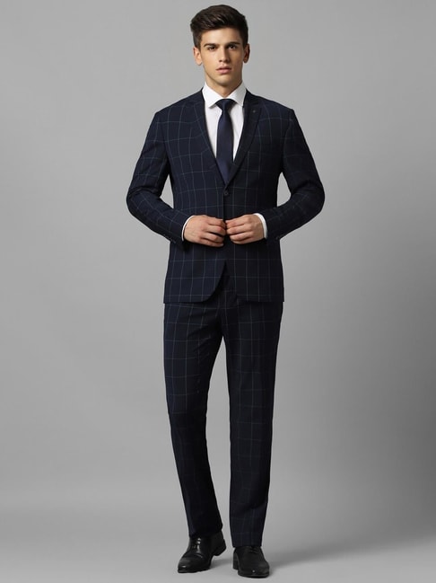 Louis Philippe Navy Slim Fit Checks Two Piece Suit