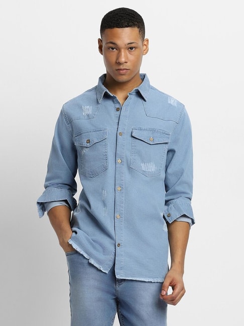 Slim Fit Washed Jacket Denim Long Sleeve Shirt | Denim shirt men, Shirt  casual style, Long sleeve denim shirt