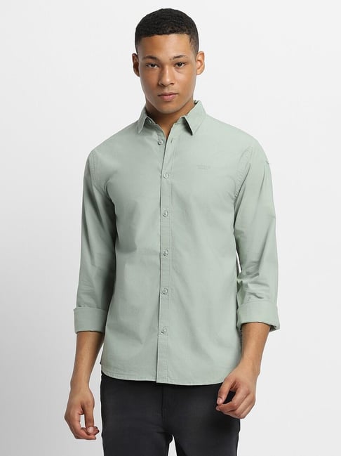 Forever 21 Sage Green Cotton Regular Fit Shirt