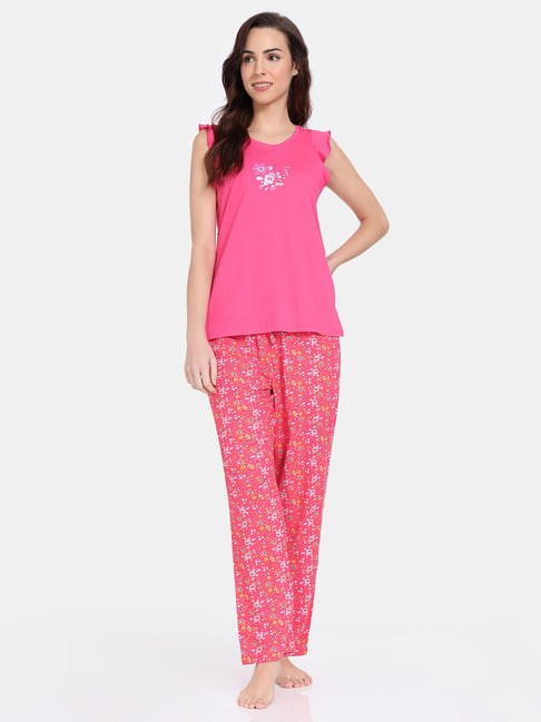 Zivame Red & Pink Printed Top With Pyjamas
