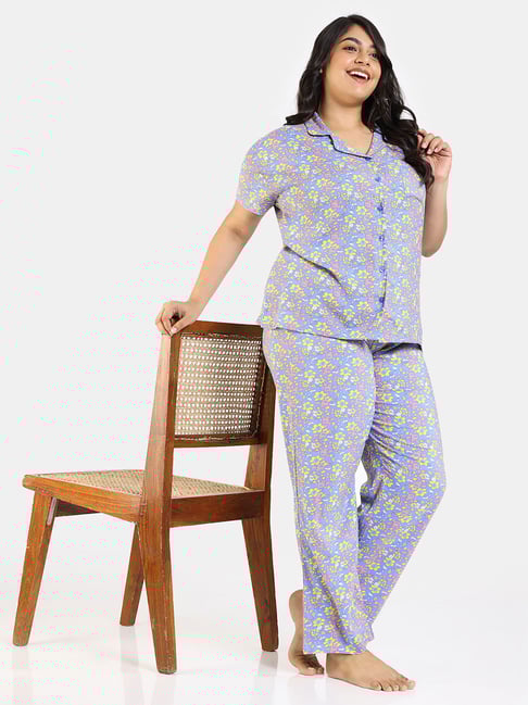 Zivame Blue Printed Shirt With Pyjamas
