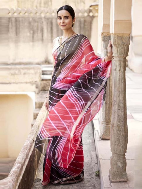 With White - Designer Georgette Leheriya Saree(pink) – Monamaar