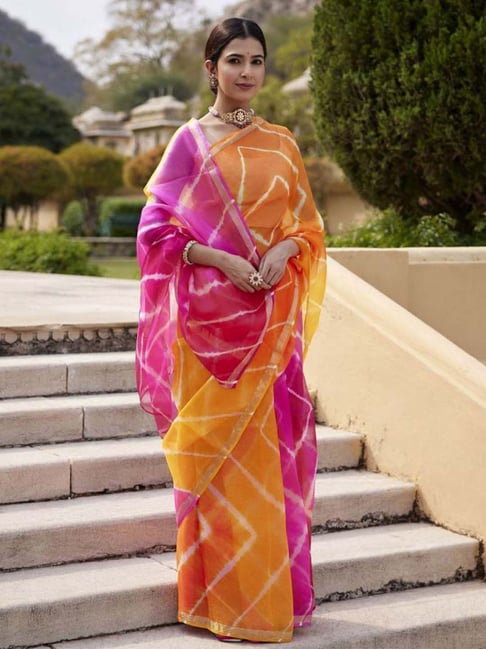 Pink & Orange Georgette Leheriya Printed Saree – Bahuji - Online Fashion &  Lifestyle Store