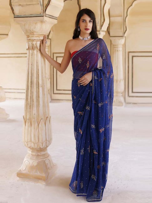 Shop Navy Blue Color Floral Print Satin Silk Saree Work Wear Online at Best  Price | Cbazaar