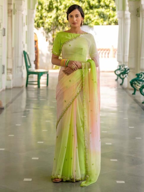 Light Green Chiffon Saree With Blouse 277128