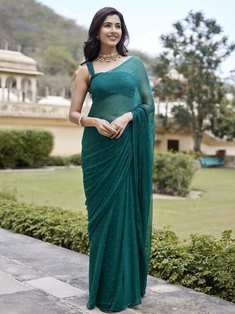 Buy FABMORA Embellished, Printed Bollywood Chiffon Dark Green Sarees Online  @ Best Price In India | Flipkart.com