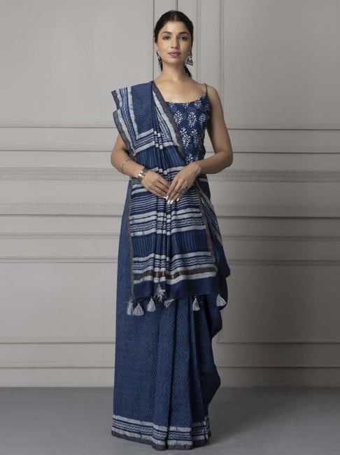 Buy White Hand-Block Printed Chanderi Khadi Saree – Geroo Jaipur