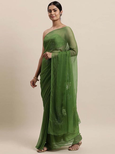 Emerald Green Chiffon Embroidered Saree Set Design by Nakul Sen at Pernia's  Pop Up Shop 2024