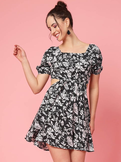 slim fit dress slacks Sheetal Associates Black & White Floral Printed Smocked Waist Fit & Flare  Midi Dress