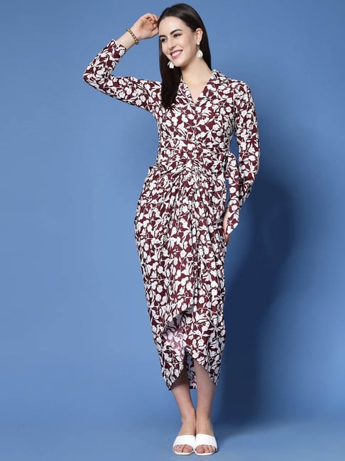 Maroon floral hotsell wrap dress