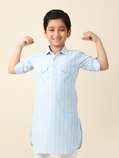 Fabindia Kids Light Blue Printed Full Sleeves Pathani Kurta-picture-16
