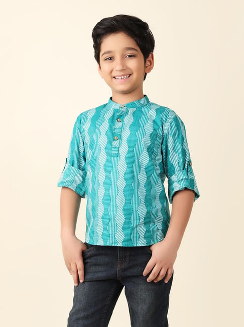 Fabindia Kids Turquoise Printed Full Sleeves Short Kurta-picture-36