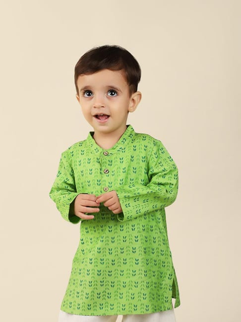 Fabindia Kids Green Printed Full Sleeves Kurta