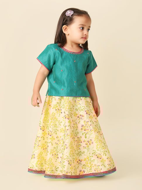 Fabindia Kids Teal & Light Yellow Floral Print Lehenga with Choli-picture-43
