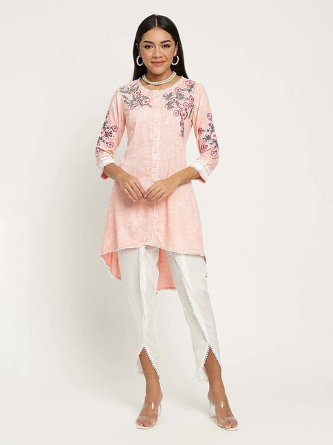 Women Rayon Embroidered Crop Top Kurti With Dhoti Pants