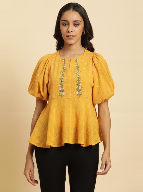 W Yellow Cotton Embroidered Top-picture-44