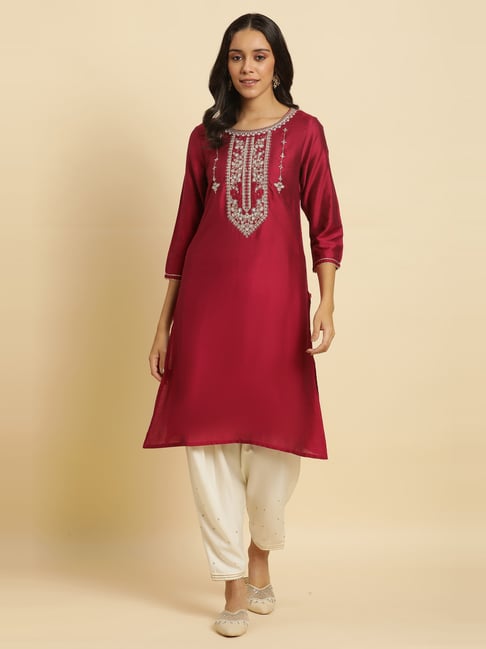 W Pink Embroidered Straight Kurta-picture-37