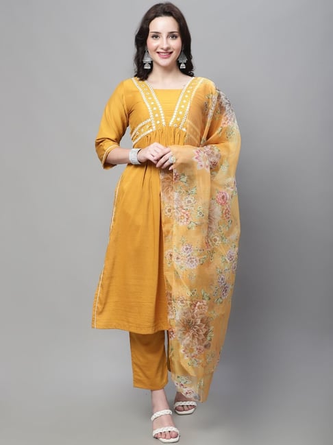 Buy VredeVogel Yellow Embroidered Kurta Pant Set With Dupatta for