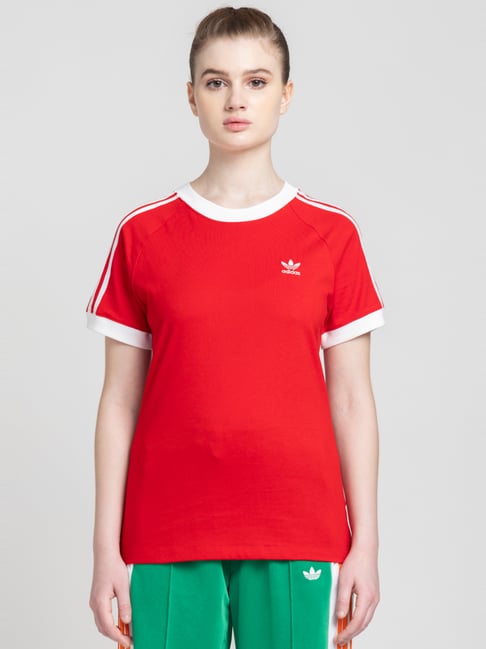 Adidas Originals Red Cotton Striped T-Shirt