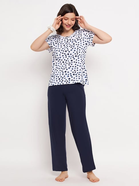 Clovia White & Navy Cotton Printed Top With Pyjamas-picture-41