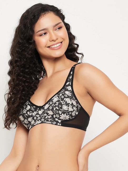 Clovia Black Cotton Floral Print Non-Wired Full Coverage Bra