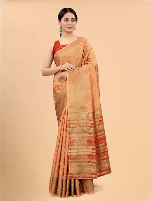 Silk Land Peach Silk Woven Saree With Unstitched Blouse