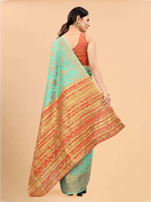 Silk Land Turquoise Woven Saree With Unstitched Blouse