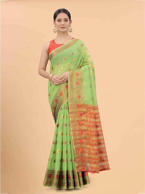 Silk Land Green Woven Saree With Unstitched Blouse