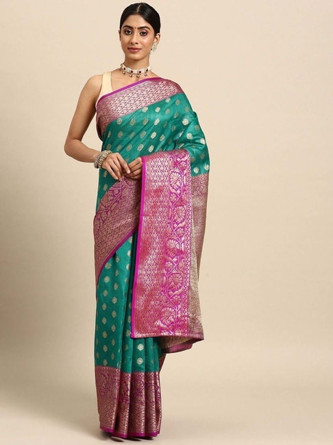 Silk Land Teal Green & Pink Woven Saree With Unstitched Blouse