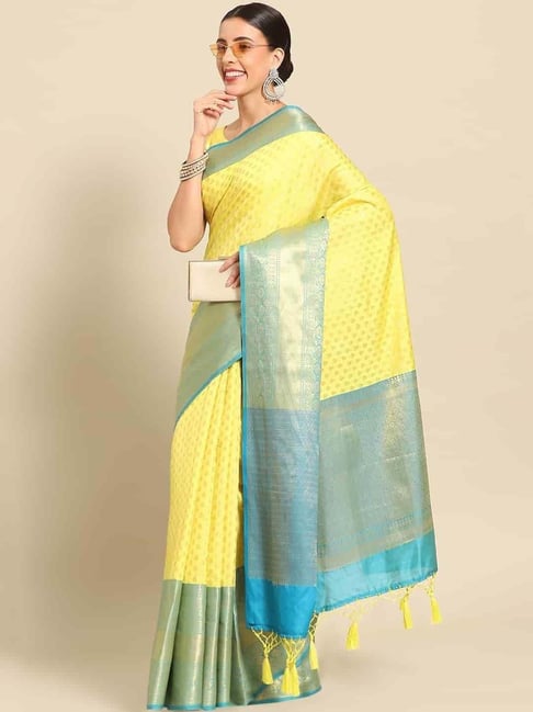 Buy Yellow Gold Floral Silk Saree Blue Border Zari Work Online