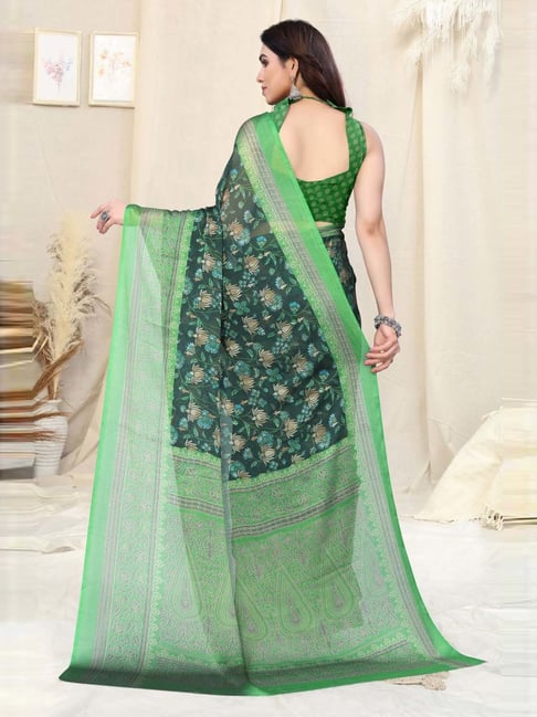 Bottle Green Silk Saree With Designer Grey Blouse – RawaazFashion