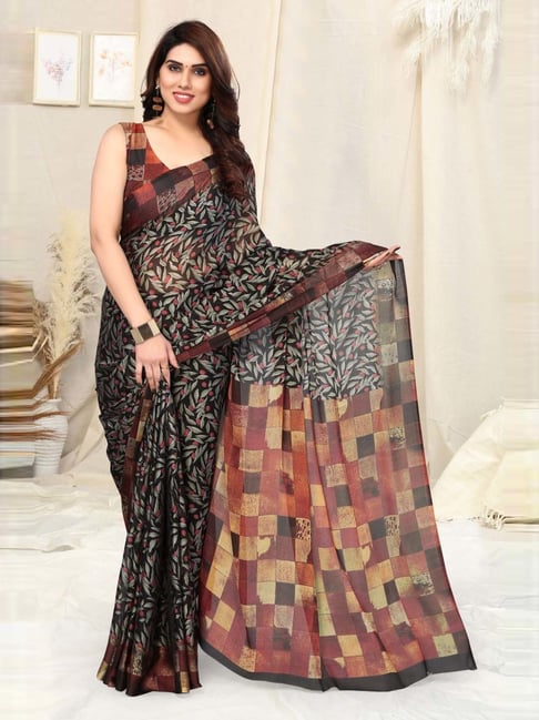 Black Floral Woven Art Silk Saree