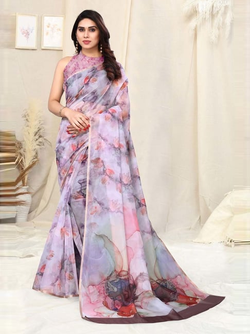 MIRCHI FASHION Lavender Floral Print Saree With Unstitched Blouse