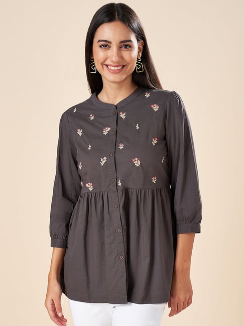Akkriti by Pantaloons Charcoal Grey Cotton Embroidered Tunic-picture-32