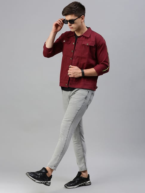 VOXATI Maroon Regular Fit Shirt Collar Denim Jacket