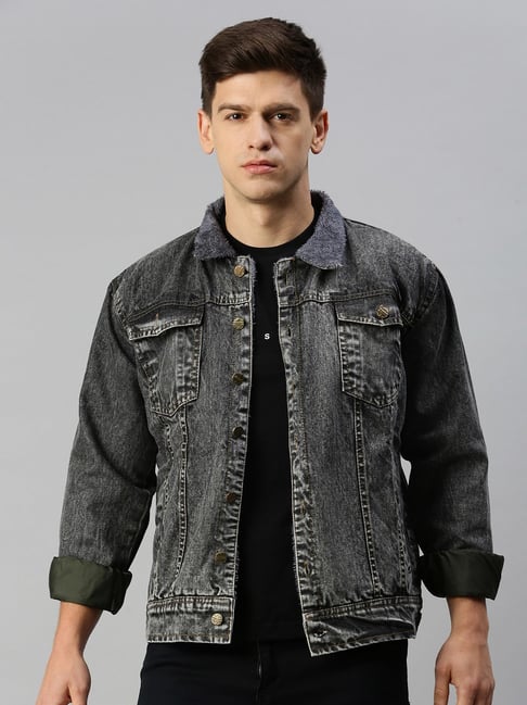 Men's Charcoal Spread Collar Solid Denim Jacket
