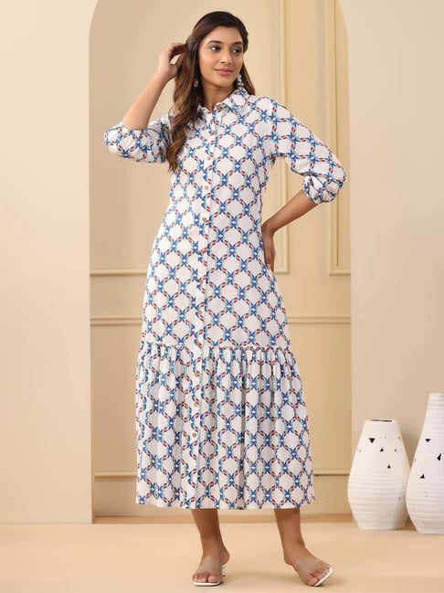 Jaipur Kurti Blue Cotton Printed Tiered A Line Dress