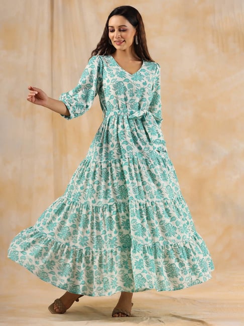 Exclusive green floral Jaipuri printed cotton dress – Sujatra