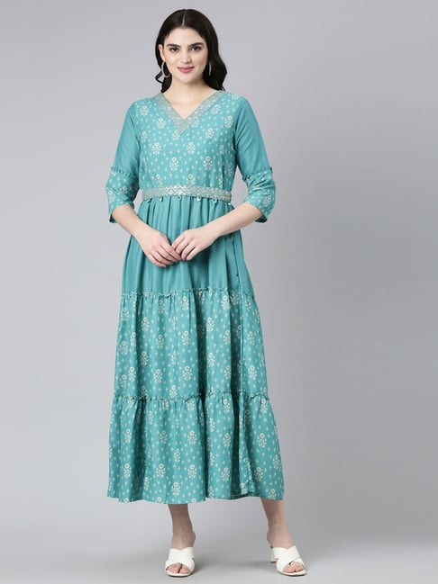Neerus Teal Printed Maxi Dress