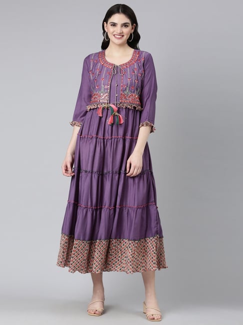 Neerus Purple Embroidered Maxi Dress