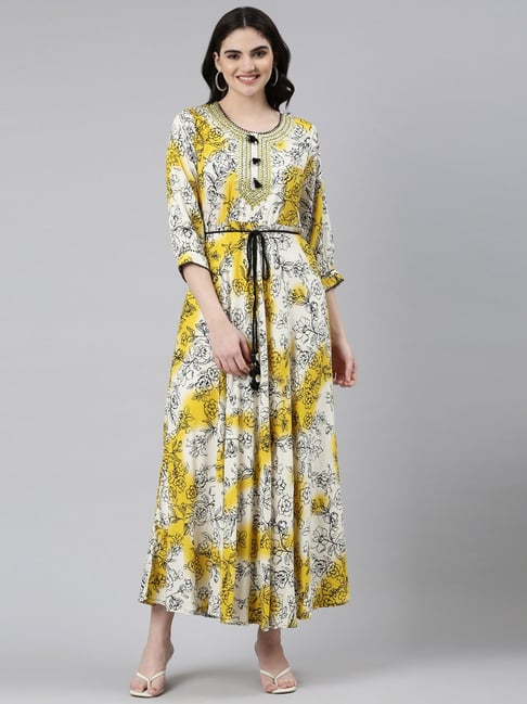 Neerus Yellow White Printed Fit Flare Dress