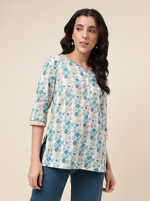 Fabindia White Turquoise Cotton Floral Print Straight Short Kurti