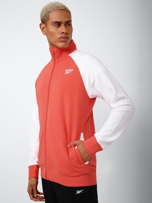 Reebok Orange White Cotton Regular Fit Colour Block Sports Jacket