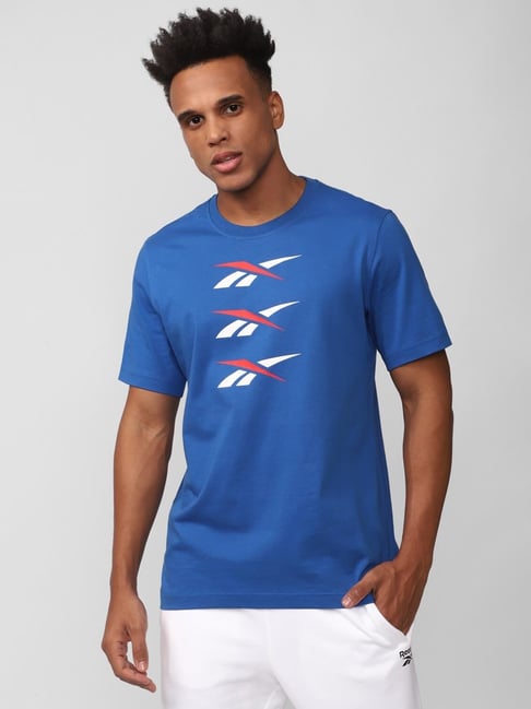 Reebok Blue Cotton Slim Fit Printed T Shirt